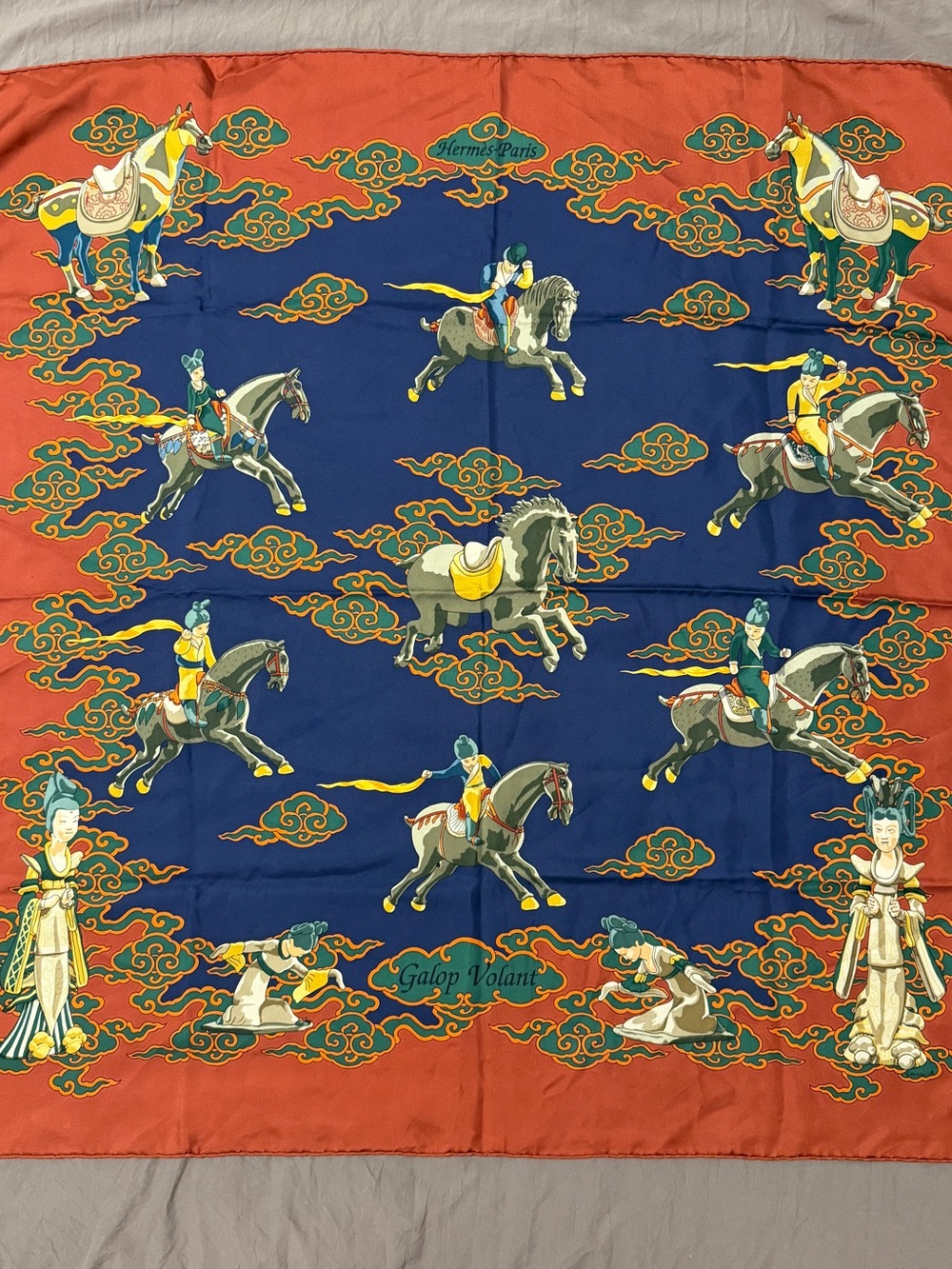 Hermes Silk Scarf in Navy Blue and Orange with Multicolor Equestrian Motif